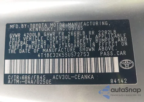 2005 Toyota Camry Le из США, поврежденный, VIN 4T1BE32K55U572753